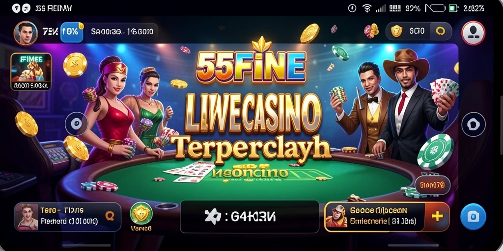 Screenshot gameplay Live Casino 55FIVE dengan dealer dan pemain aktif.