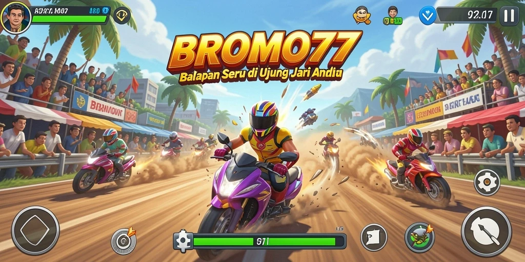 Tampilan gameplay BROMO77 yang seru dan menegangkan di trek balapan.