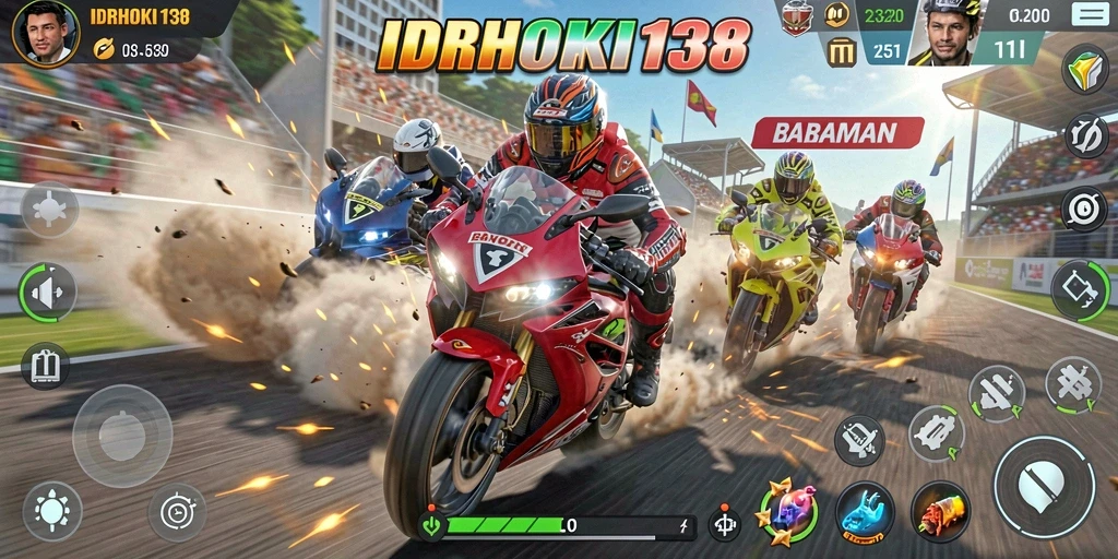 Screenshot gameplay balapan motor yang mendebarkan di IDRHOKI138.
