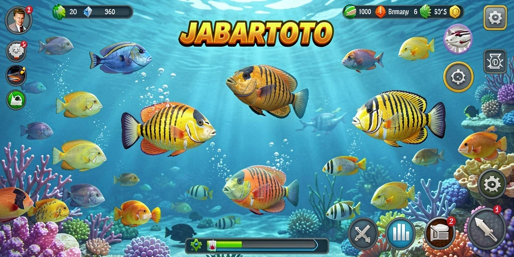 Gameplay seru JABARTOTO menembak ikan di bawah laut.