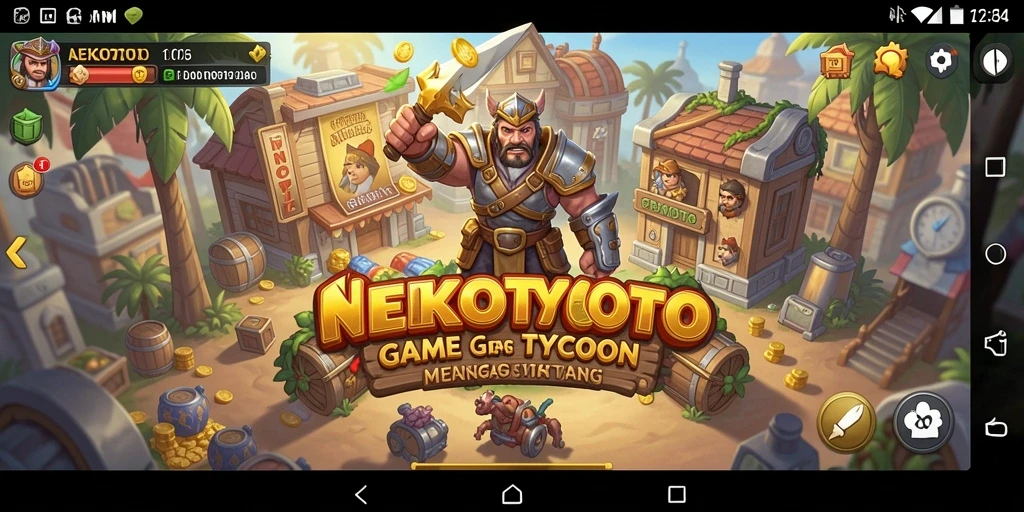 Screenshot gameplay NEKOTOTO yang menampilkan kucing lucu dan bisnis yang berkembang.