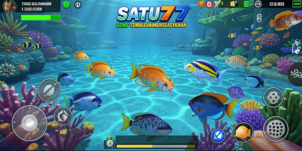 Screenshot SATU77 menampilkan aksi seru menembak ikan.