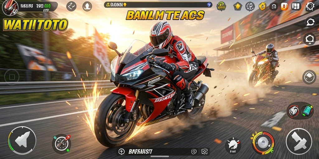 Tangkapan layar gameplay WATITOTO menampilkan aksi balap motor yang seru.