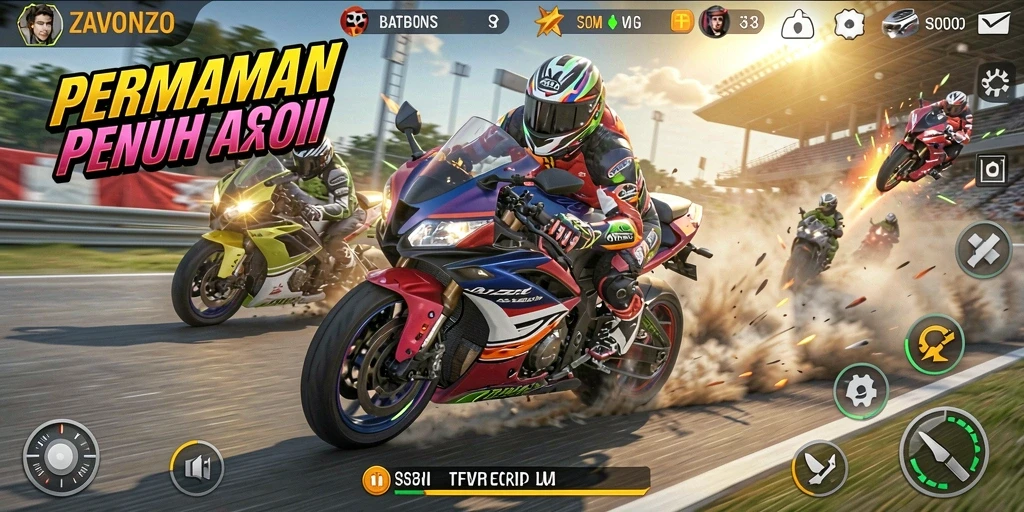 Gameplay seru ZAVONZO dengan balapan motor yang mendebarkan.